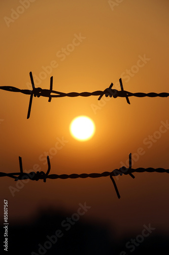Sunset behind a fence of barbed wire