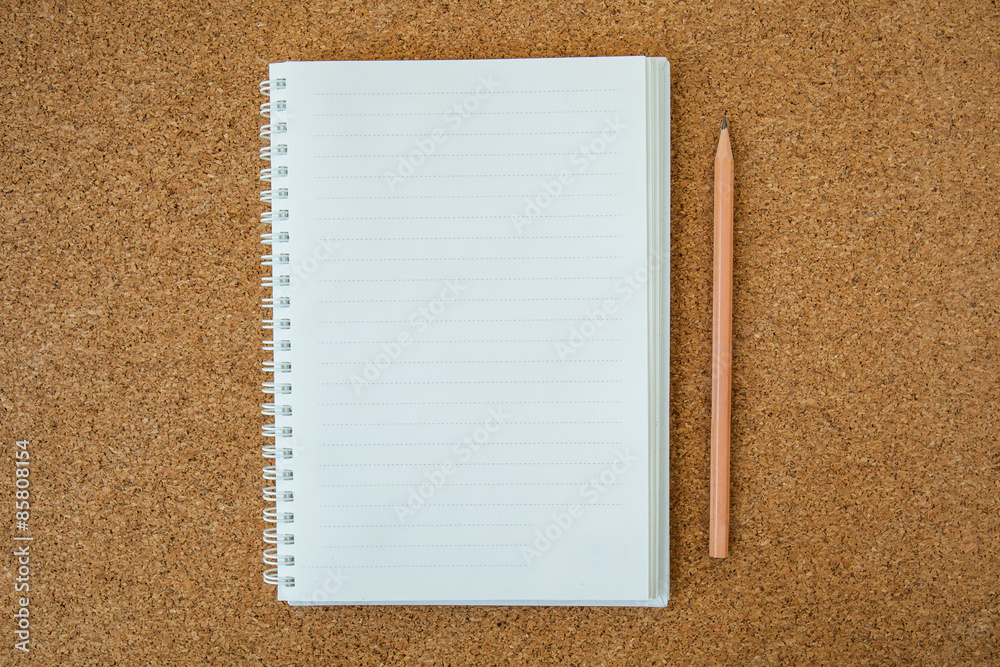 A cork board with a pencil and notebook. A cork board with a pencil and notebook.