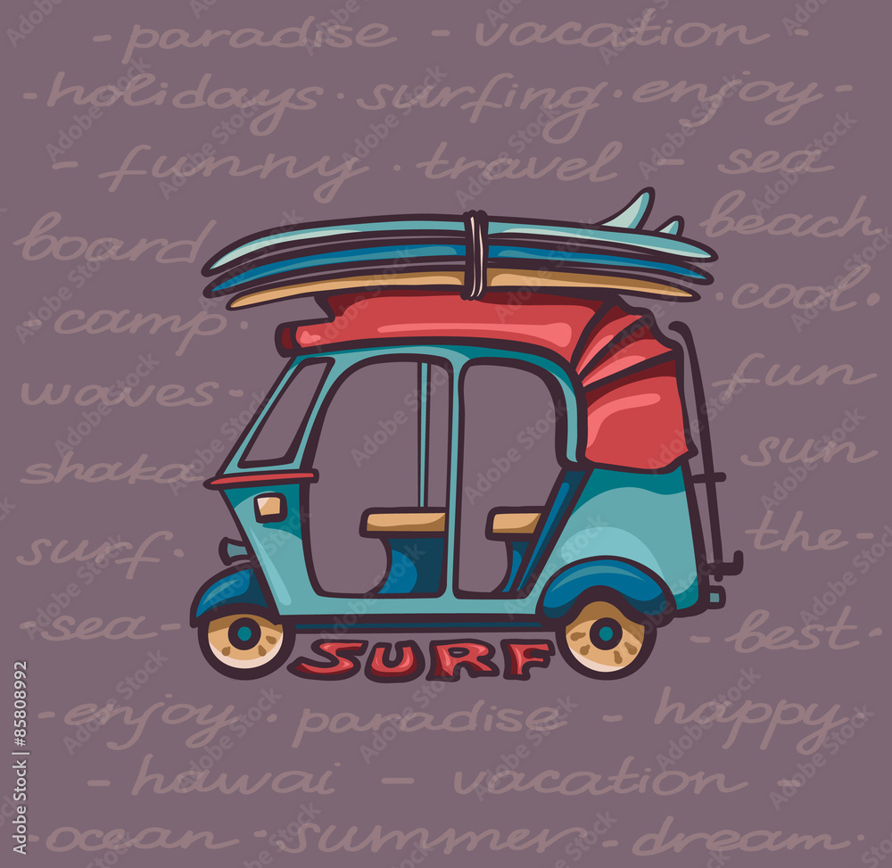Obraz premium Tuk tuk with surfboards. Surfing vacation.