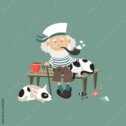 Old sailor sitting on bench with cat and dog