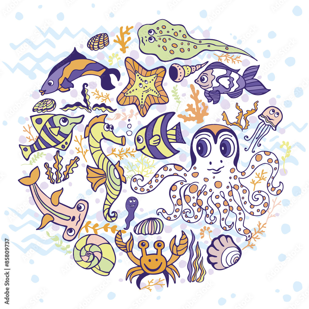 Cartoon Funny Fish, Sea Life circle background.Pastel colors