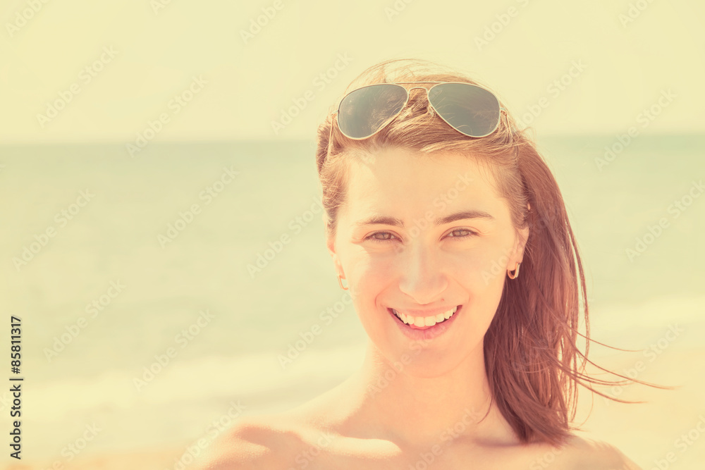 Retro Effect Of Pretty Young Woman Portrait Is Happy On Summer Ocean Beach Retro Effect Of Pretty Young Woman Portrait Is Happy On Summer Ocean Beach