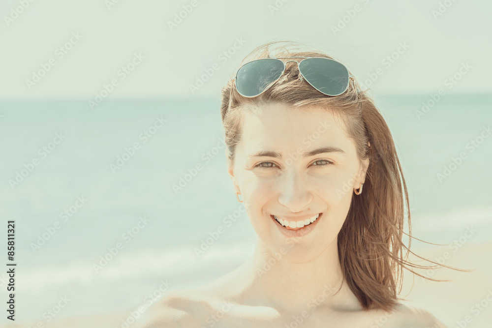 Retro Effect Of Pretty Young Woman Portrait Is Happy On Summer Ocean Beach Retro Effect Of Pretty Young Woman Portrait Is Happy On Summer Ocean Beach