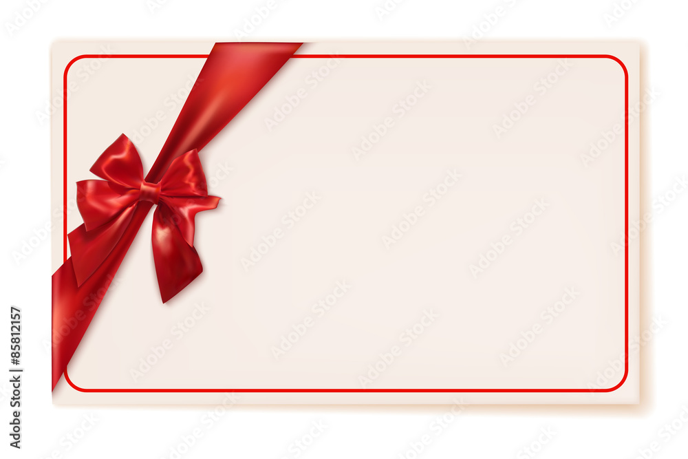 Gift card with red ribbon and bow on a white background. Vector
