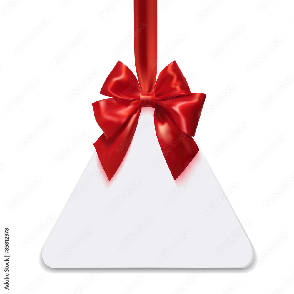Triangular Blank white badge with a red silk ribbon and red bow Triangular Blank white badge with a red silk ribbon and red bow