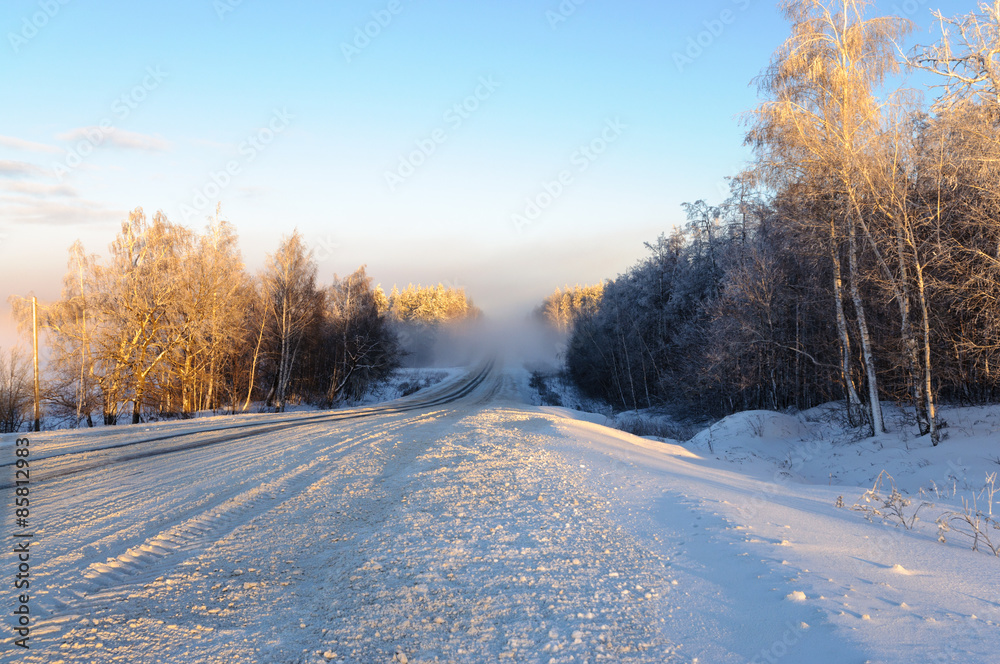 Fog on the road in winter
