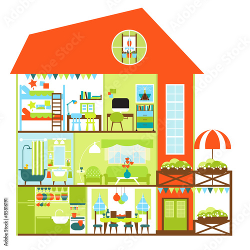 Detailed family cottage interior. Rooms with furniture. Flat style vector illustration