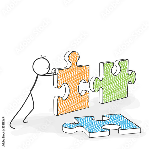 Obraz na płótnie Strichmännchen beim zusammenfügen von Puzzleteilen - Puzzle, Puzzel, Teile, Stücke, lösen, zusammenfügen, ergänzen, Ziel, Strategie, Lösung, Problem, parts, pieces solve, together, solution, business w salonie