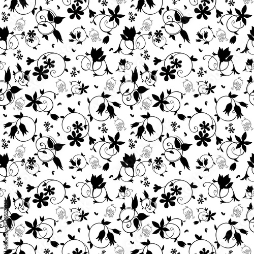 Vector Black White Swirl Floral Texture Seamless Pattern