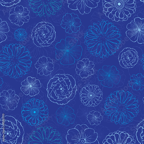 Vector Dark Blue Night Flowers Seamless Pattern