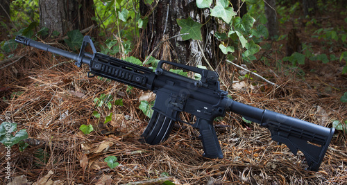 Black assault rifle with iron sights near the edge of a forest