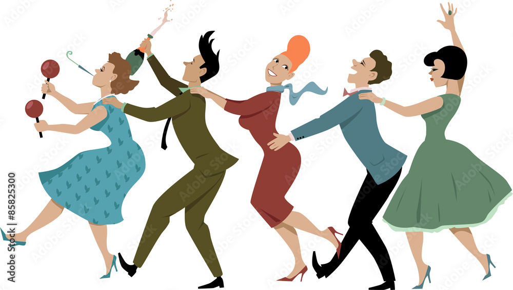 Group of people dressed in late 1950s early 1960s fashion dancing conga with maracas, party whistle and a bottle of campaign, vector illustration, no transparencies, EPS 8 - obrazy, fototapety, plakaty 