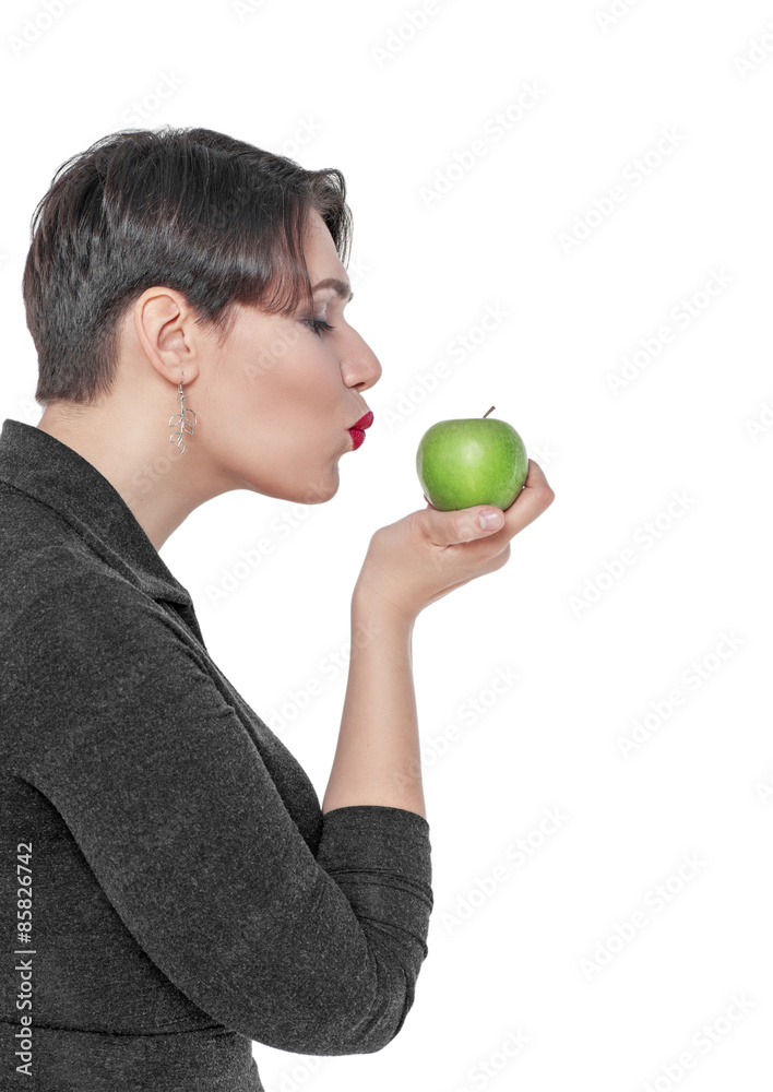 Beautiful plus size woman with green apple isolated Beautiful plus size woman with green apple isolated