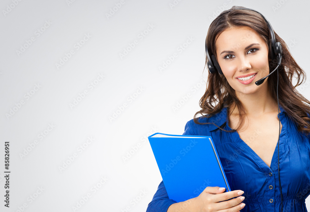 Support phone operator in headset with folder, on grey Support phone operator in headset with folder, on grey