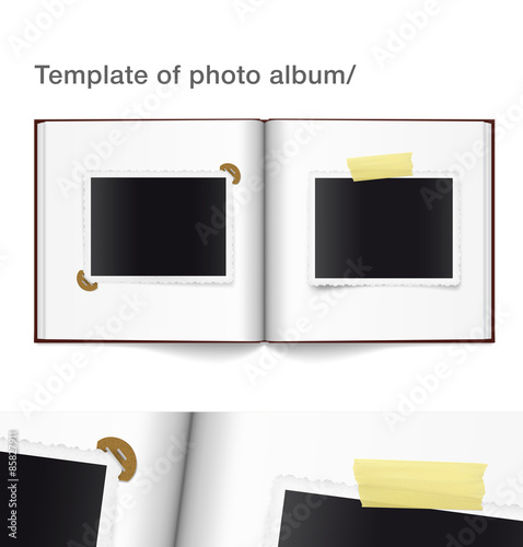 Photo album with taped photo frame on white background. Vector illustration
