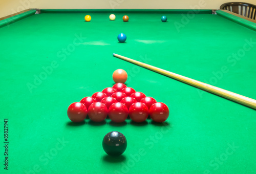 Opening Frame of Snooker Game with Cue