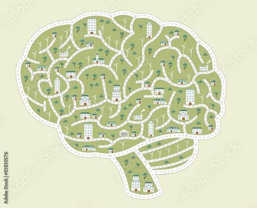 Streets of a colorful city in the shape of brain