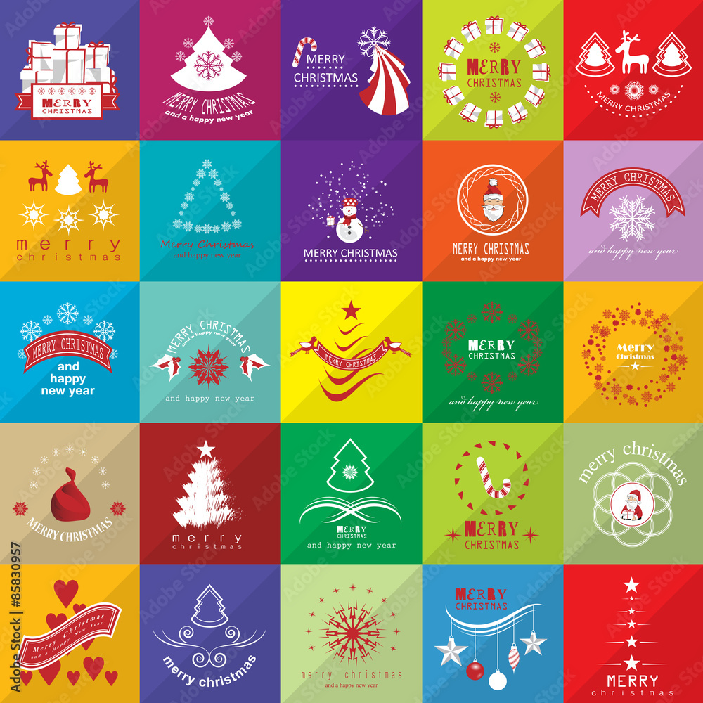 Flat Christmas Icons And Elements Set - Isolated On Mosaic Background - Vector Illustration, Graphic Design Editable For Your Design