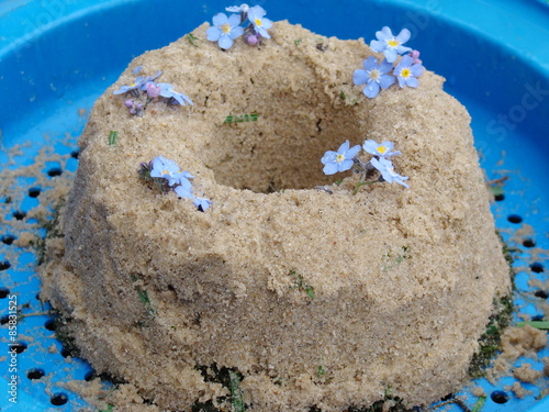 Geburtstagskuchen aus Sand mit Vergissmeinnicht photo