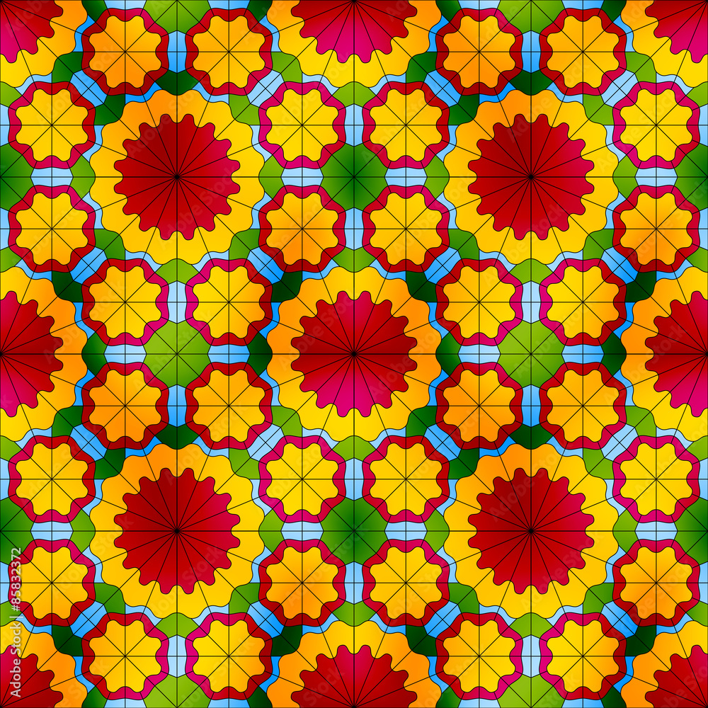 Stained glass seamless pattern with red flowers