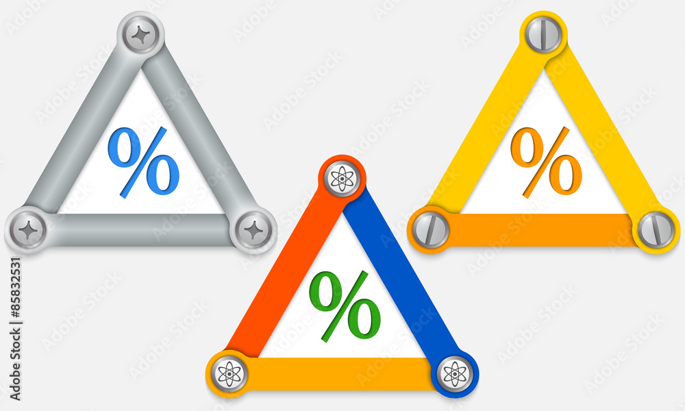Set of three colored triangles and percent Set of three colored triangles and percent