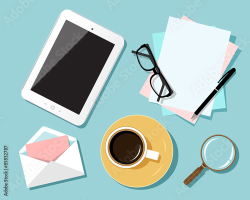 Flat design concept of business workplace. Top view of table with digital tablet, papers, office objects with shadows.