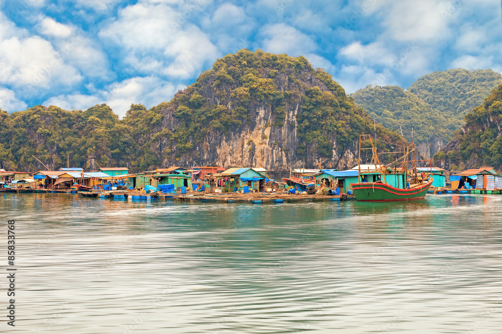 Asian floating village at Halong Bay