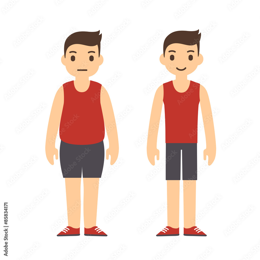Cute cartoon man in sport clothes with two body types: overweight and slim. Weight loss before and after illustration.