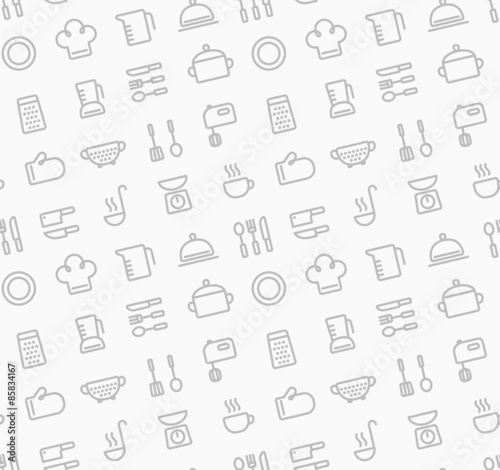 Seamless pattern of kitchen utensil outlines.