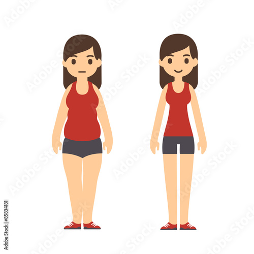 Cute cartoon woman in sport clothes with two body types: chubby and slim. Weight loss before and after illustration.