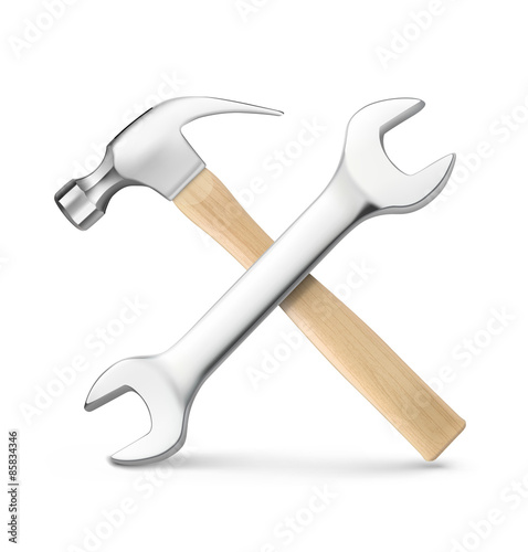 Realistic hammer and wrench isolated on white background. Vector illustration