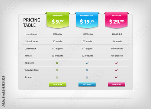 Colorful comparison pricing table template