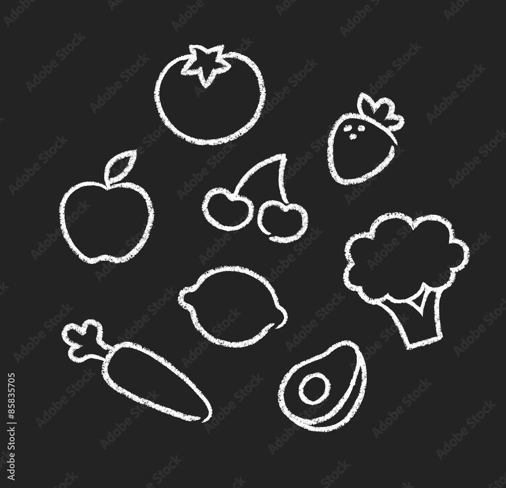 Hand drawn drawings of fruits and vegetables. Simple chalk doodles on  blackboard. Stock Vector | Adobe Stock