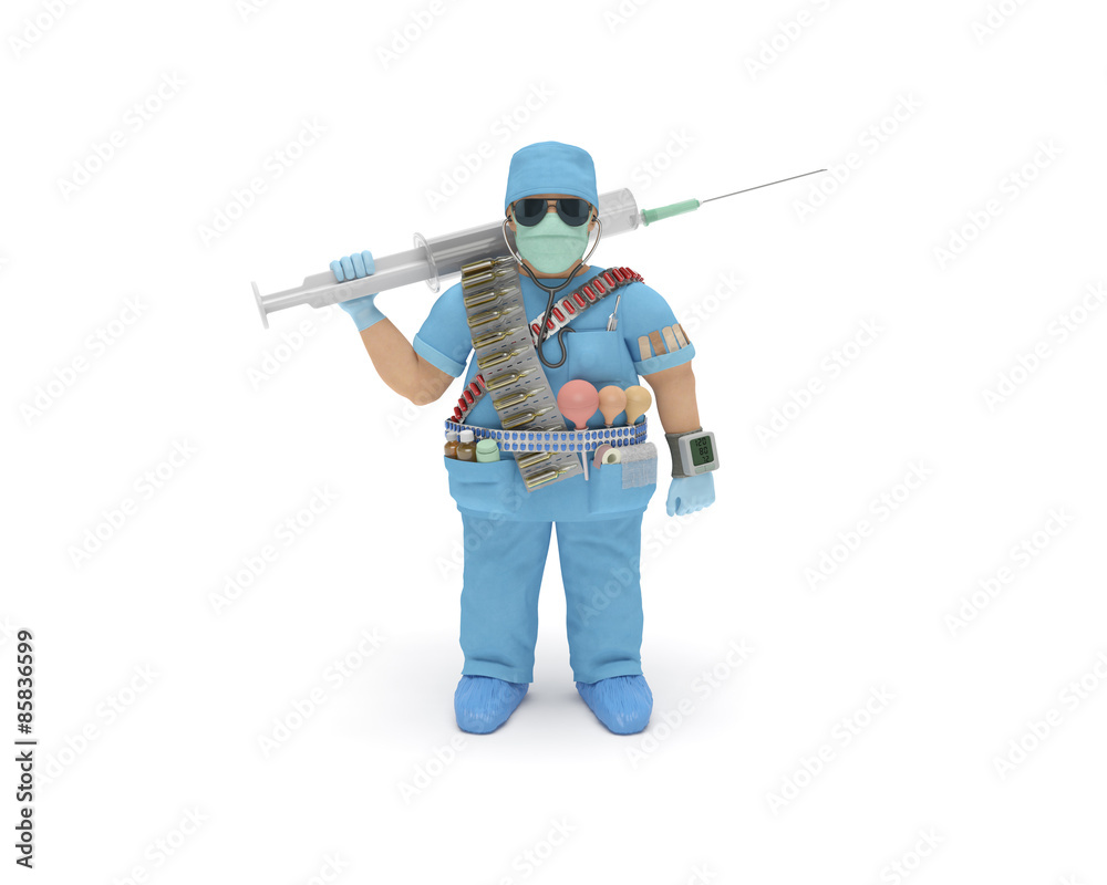 Doctor (physician, surgeon) with necessary medicaments and tools as symbol of emergency medicine (urgent medical aid) and effective delivery of health care (creative medical concept) Doctor (physician, surgeon) with necessary medicaments and tools as symbol of emergency medicine (urgent medical aid) and effective delivery of health care (creative medical concept)