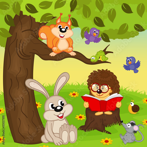 hedgehog reading book for animals - vector illustration  eps