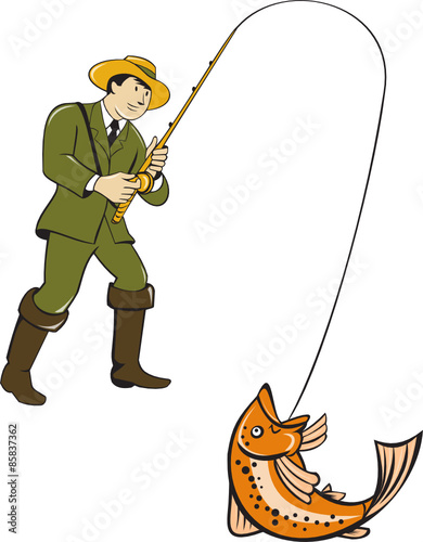 Fly Fisherman Catching Trout Fish Cartoon