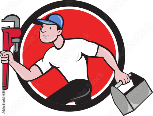 Plumber Running Toolbox Adjustable Wrench Cartoon