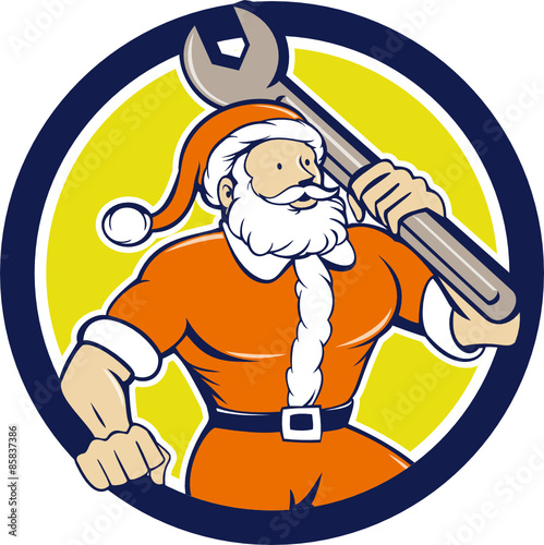 Santa Claus Mechanic Spanner Circle Cartoon