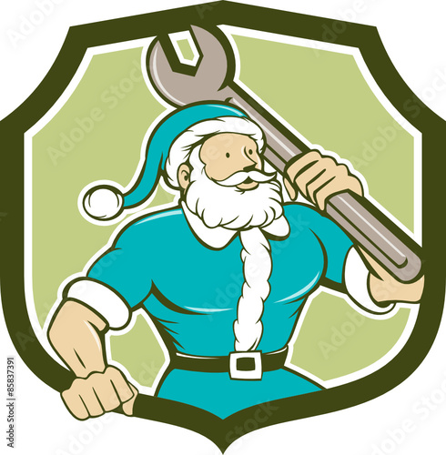 Santa Claus Mechanic Spanner Shield Cartoon