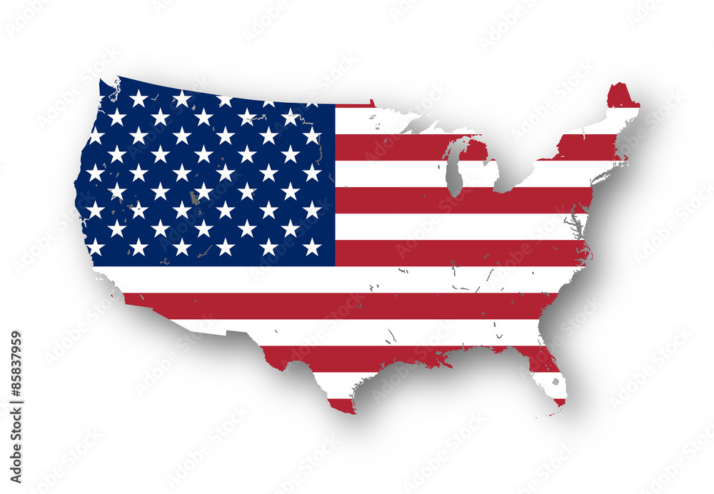 Fototapeta premium High resolution map of the USA with american flag. You can easily remove the shadows, or to fill in the map in a different color - clipping path included.