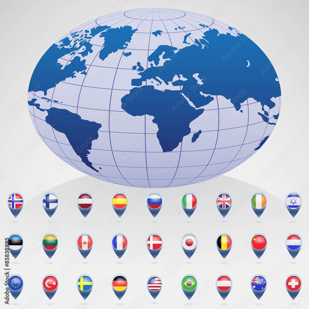 World globe with flags of different countries. Vector illustration.