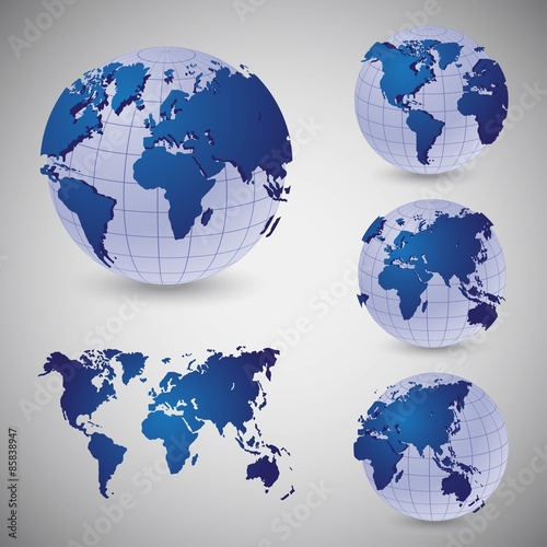 Set of wireframe world globes
