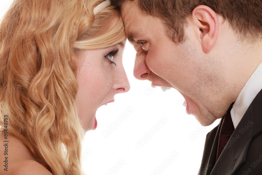 Angry woman man yelling at each other. Fury bride groom. Angry woman man yelling at each other. Fury bride groom.