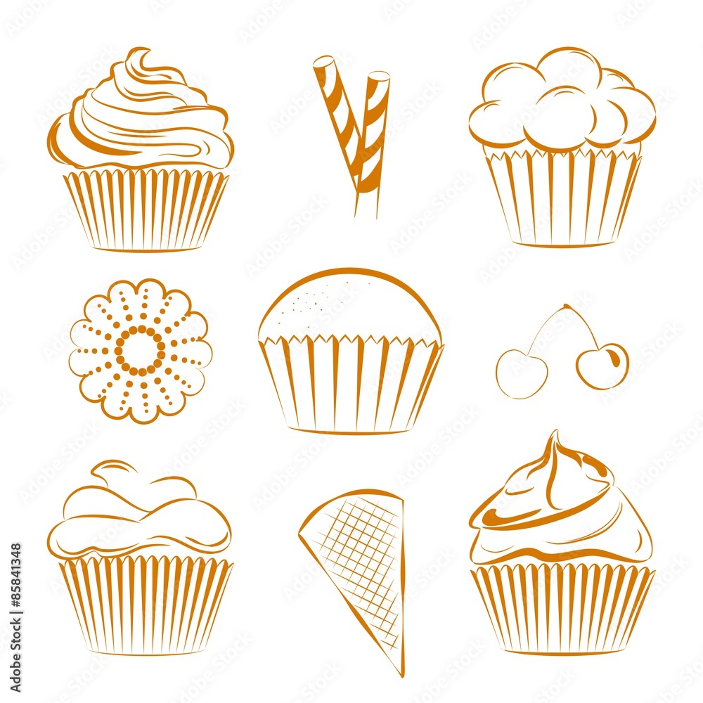Collection of vector sweets, cupcakes. Outline Collection of vector sweets, cupcakes. Outline