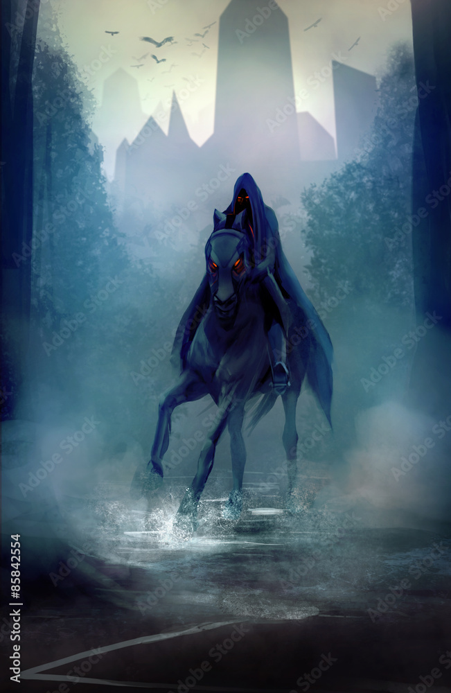 Black fantasy horseman with hood riding in dark forest road illustration. - obrazy, fototapety, plakaty 