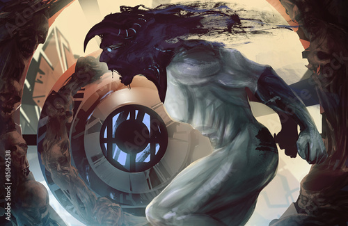 Tableau sur toile Monster horror alien creature profile view with an angry face screaming
