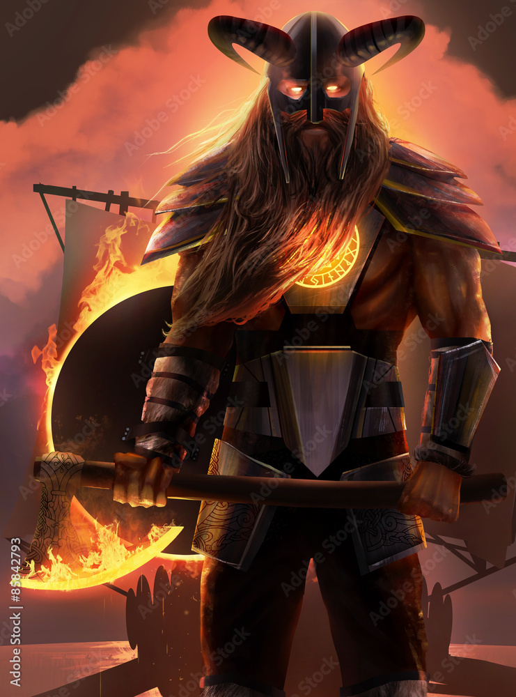 Viking fire god standing with axe with drakkar ship sunset background ...