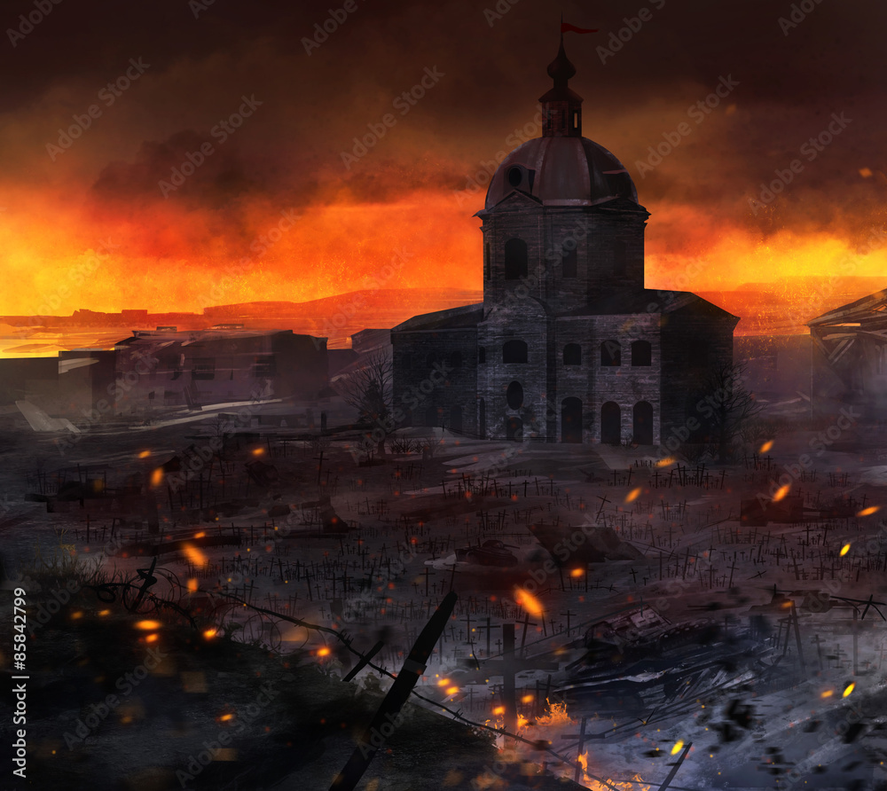 Fototapeta premium Illustrated post battle scene with tanks, church & grave crosses background artwork.