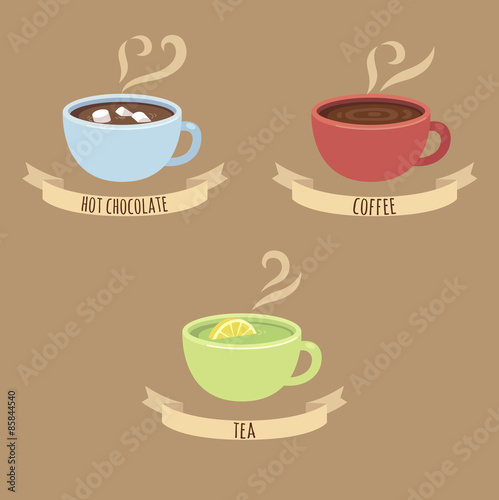Three steaming hot drink cups: hot chocolate, coffee and green tea, with captions on ribbons.