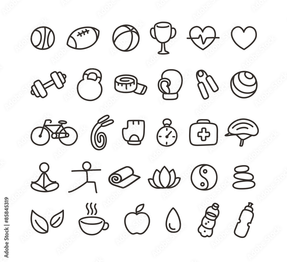 Set of hand drawn doodle style health and fitness icons.